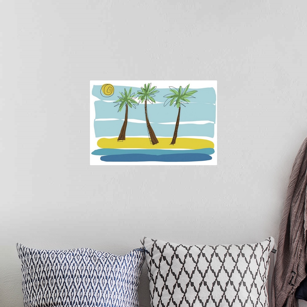 A bohemian room featuring Going to the beach with this bright palm tree landscape. Sand and surf meet with three palms. Thi...
