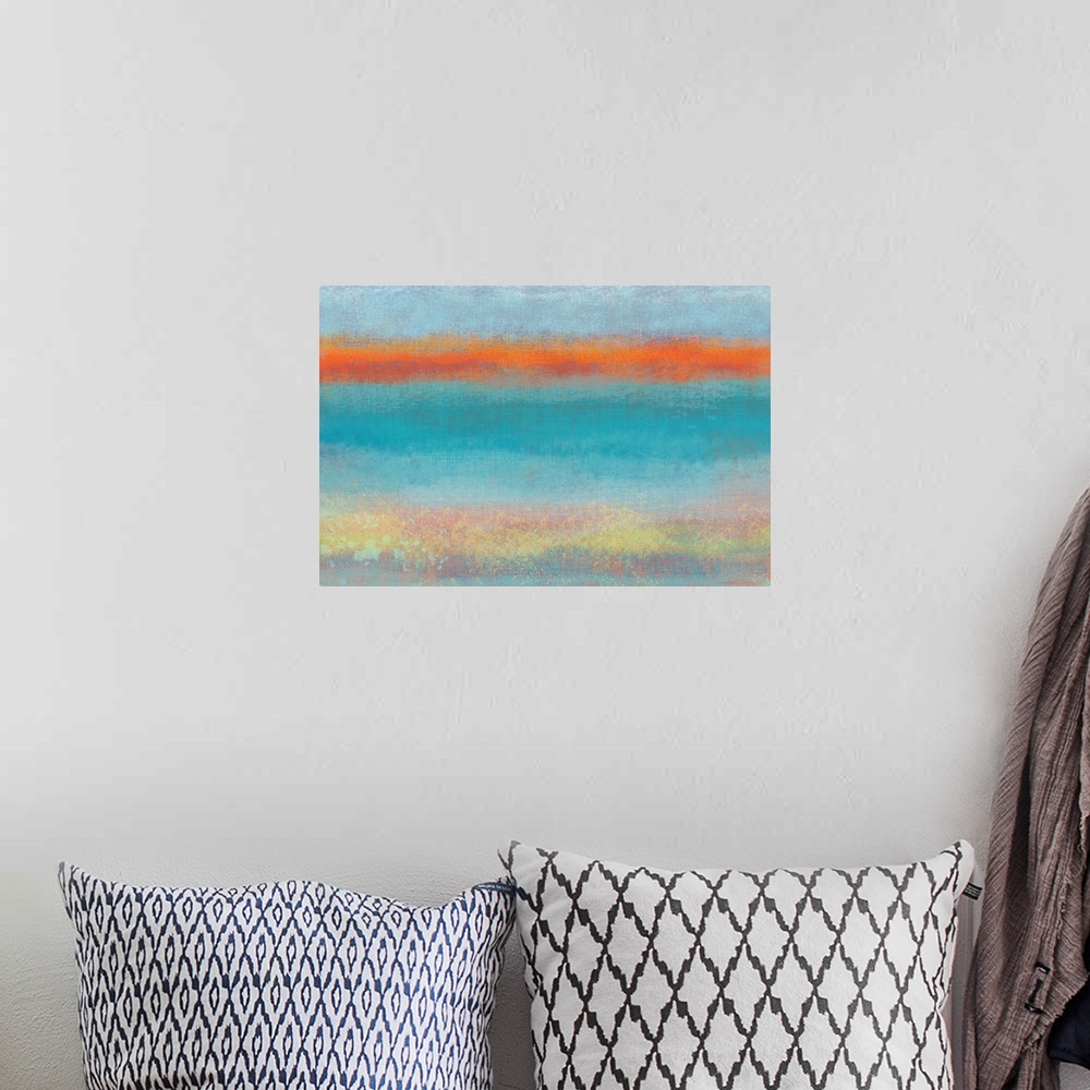A bohemian room featuring Contemporary abstract painting of horizontal layers of blue and purple, separated by orange.