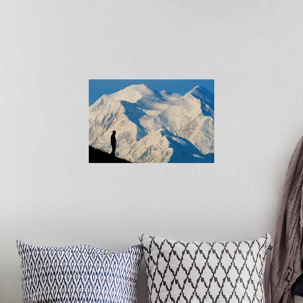 A bohemian room featuring A hiker silhouetted against snow-covered Mount McKinley, Denali National Park, Alaska