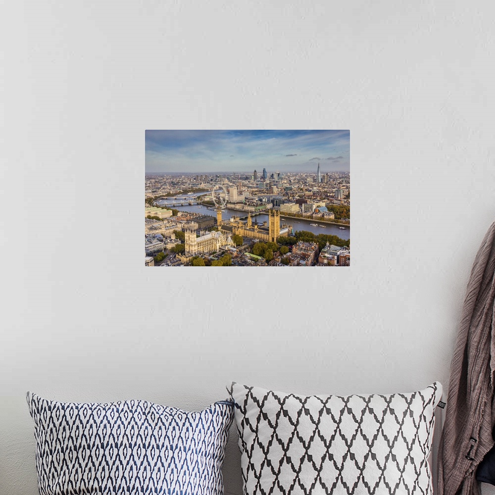 A bohemian room featuring Aerial view from helicopter, Houses of Parliament, River Thames, London, England