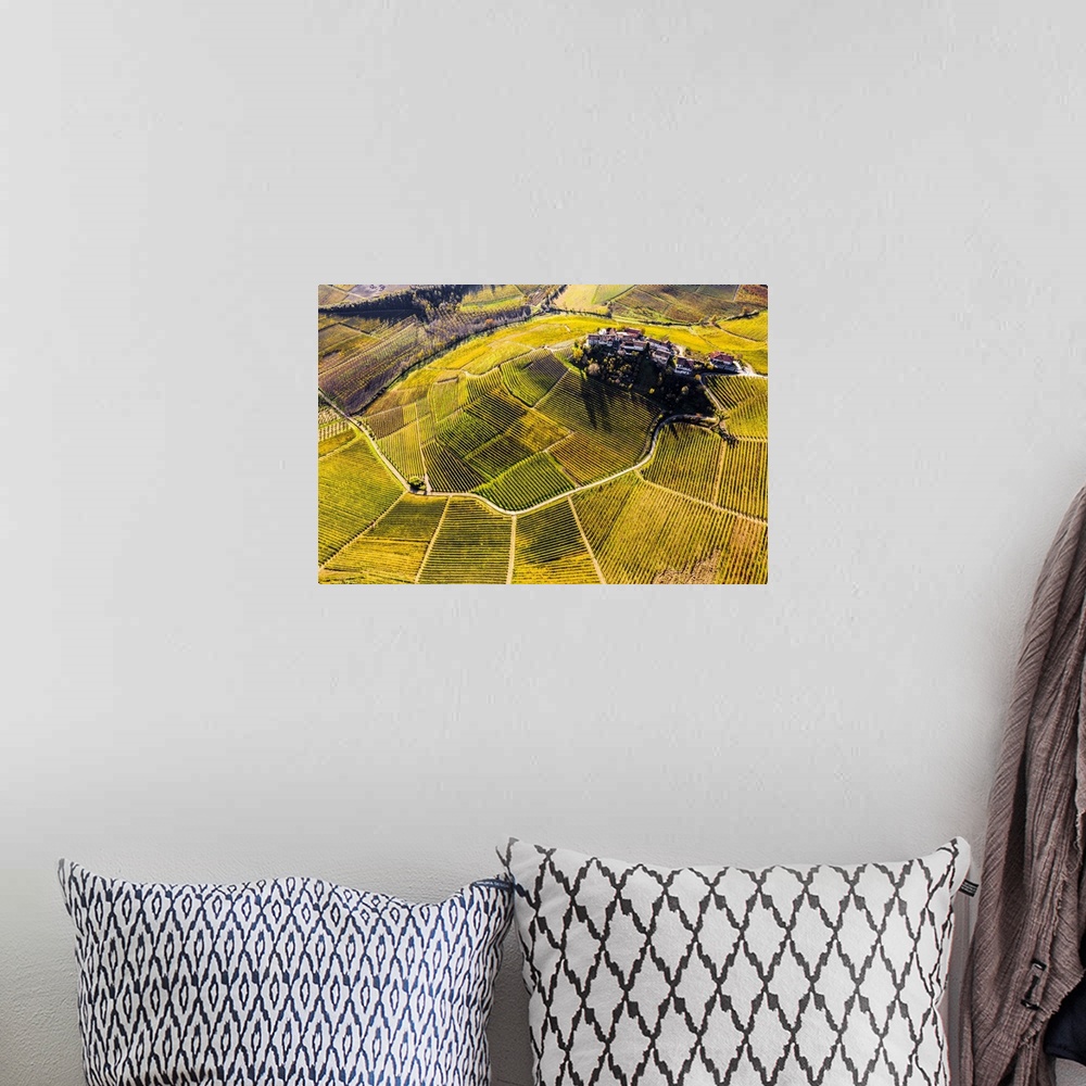 A bohemian room featuring Aerial view of Montestefano village in autumn. Barbaresco region, Piedmont, Italy, Europe.