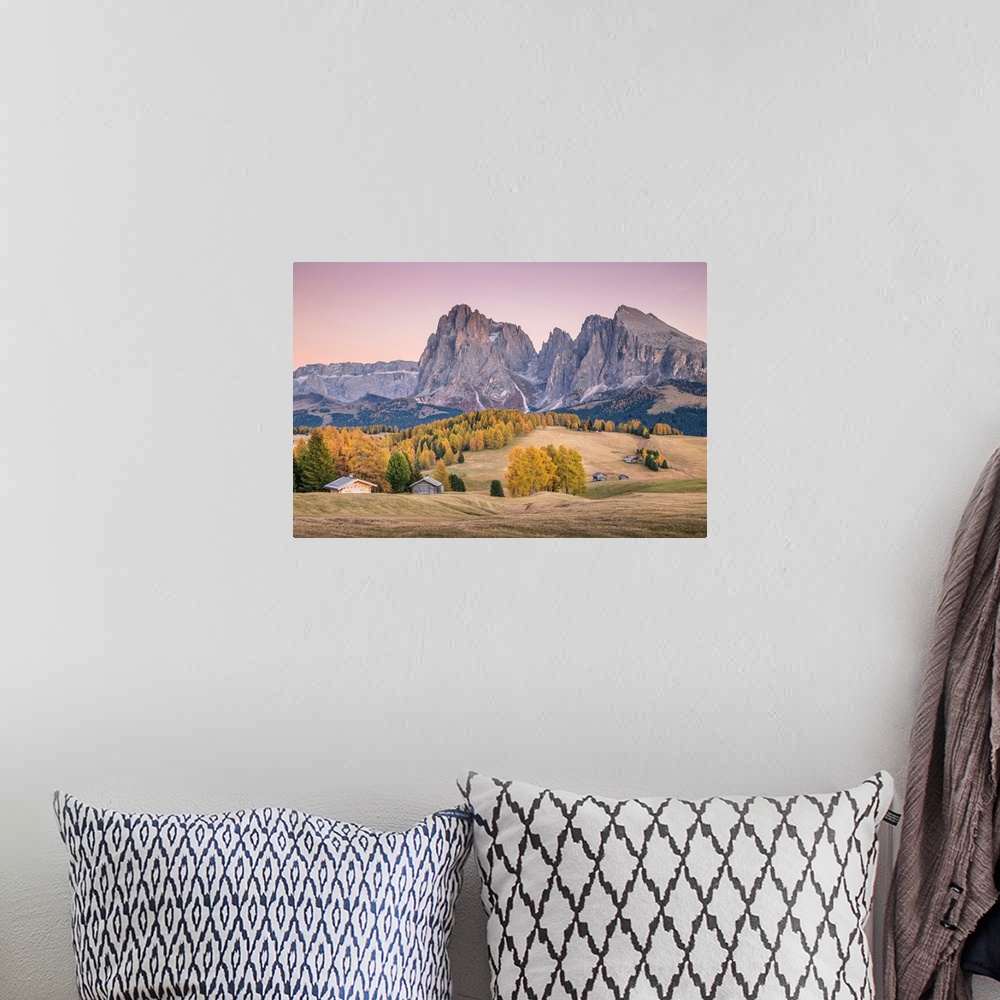 A bohemian room featuring Alpe Di Siusi With Mount Sassolungo And Mount Sassopiatto On Yhe Background, South Tyrol, Italy