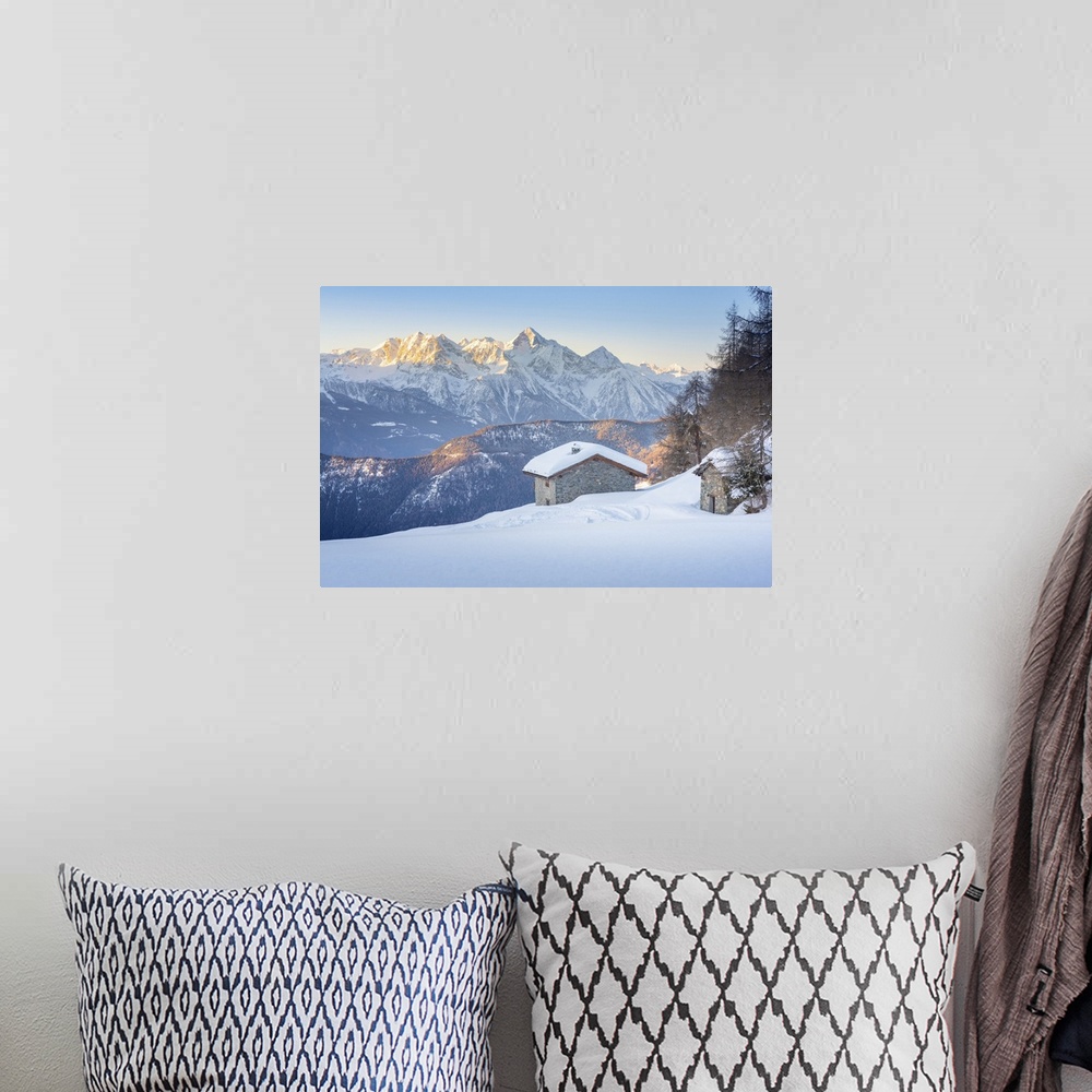 A bohemian room featuring Alpe Pilaz at dawn, La Magdeleine, Valtournenche, Valle d Aosta, Italian alps, Italy