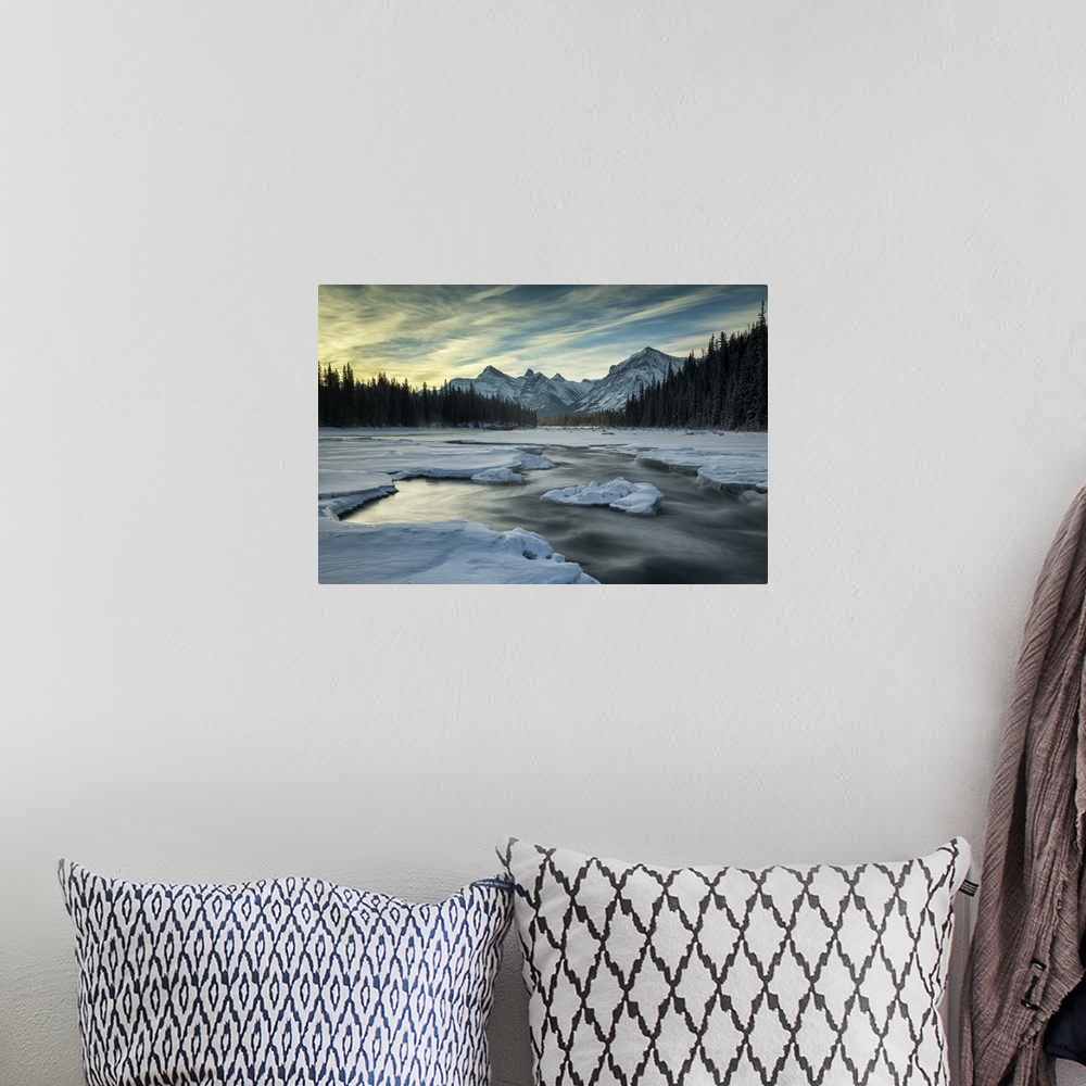A bohemian room featuring Athabasca River in Winter, Alberta, Canada.
