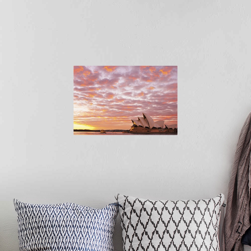 A bohemian room featuring Australia, New South Wales, Sydney, Sydney Opera House, Boat in harbour at Sunrise