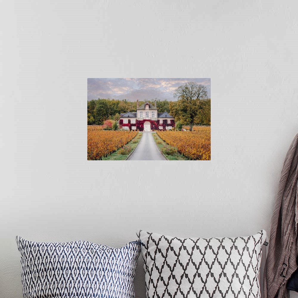 A bohemian room featuring Bourgogne wine region (Burgundy), France, Europe. Autumn landscape, vineyards and luxury house.