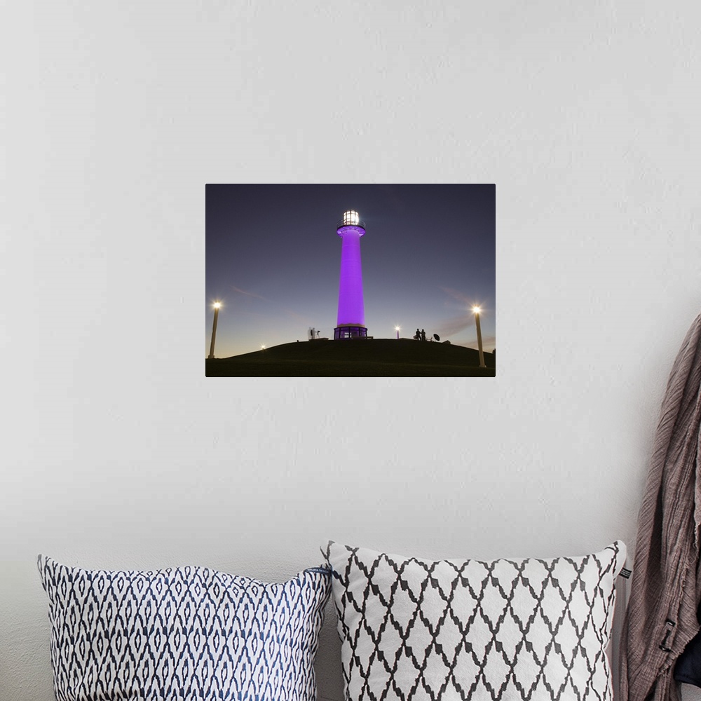 A bohemian room featuring USA, California, Long Beach, Shoreline Village Lighthouse. evening