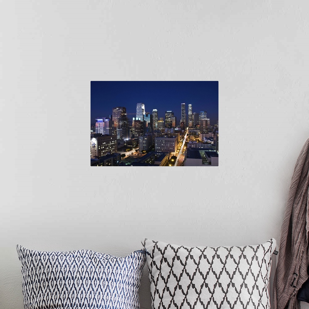 A bohemian room featuring USA, California, Los Angeles, aerial view of downtown from West 11th Street, dusk