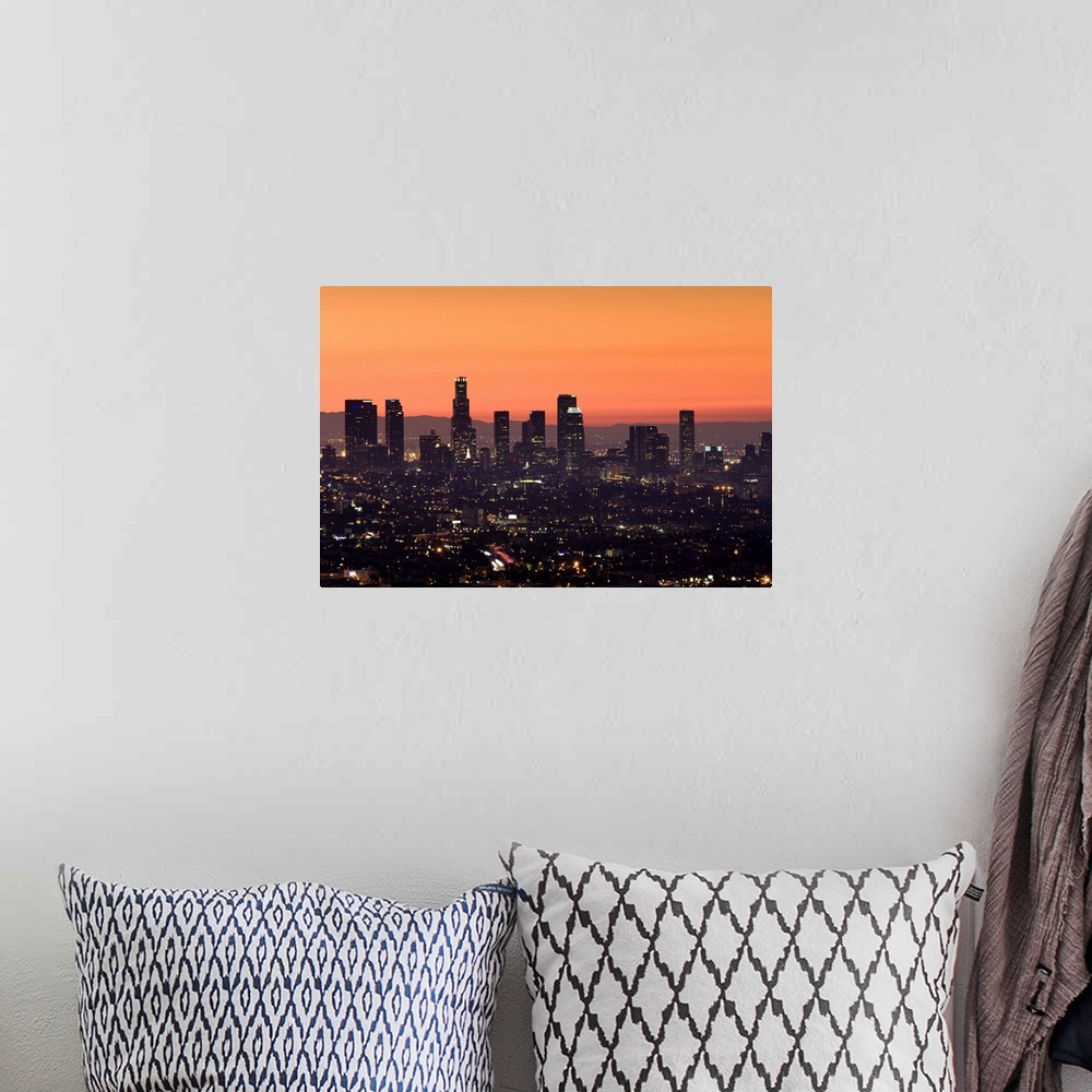 A bohemian room featuring USA, California, Los Angeles, Downtown from Hollywood Bowl Overlook, dawn