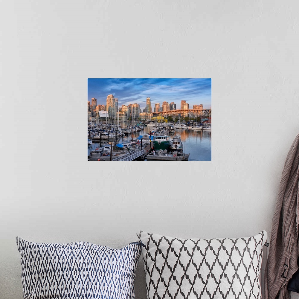 A bohemian room featuring Canada; British Columbia, Vancouver, Fishermen's Wharf, Granville Bridge, false inlet.