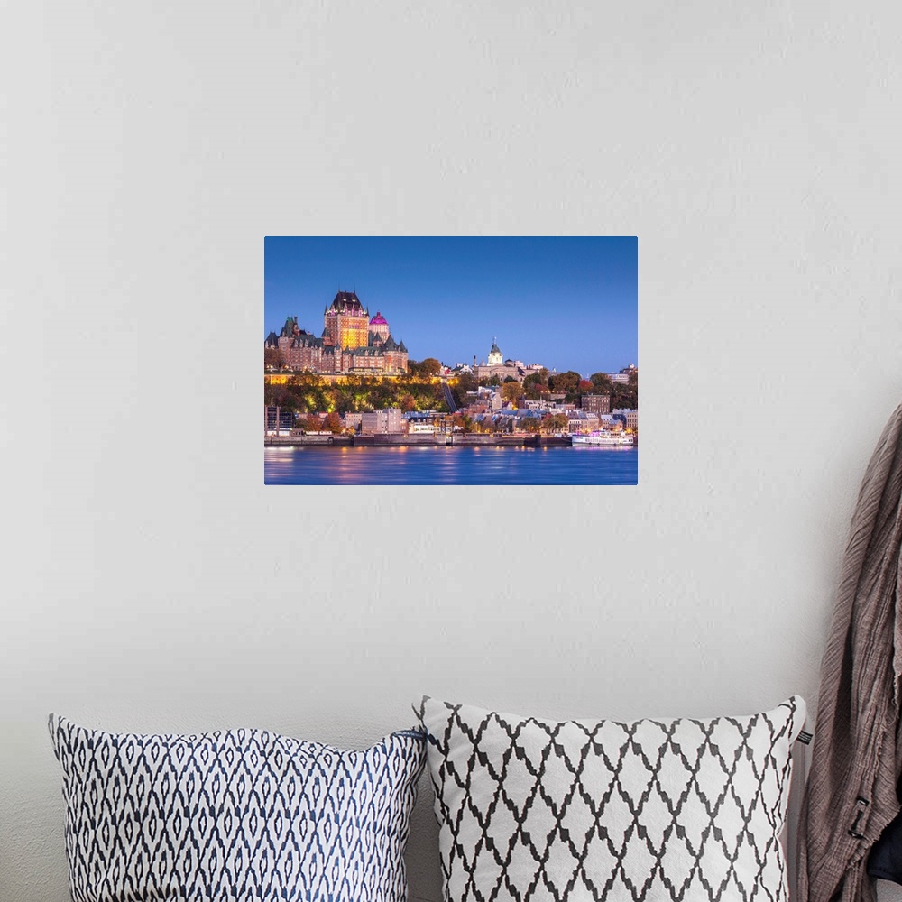 A bohemian room featuring Canada, Quebec, Quebec City, Elevated Skyline With Chateau Frontenac Hotel From Levis, Dawn