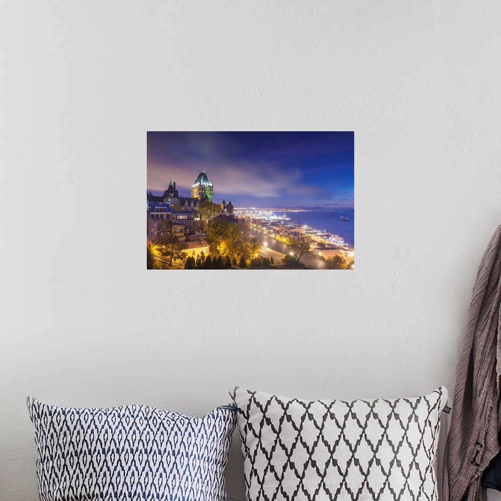 A bohemian room featuring Canada, Quebec, Quebec City, Elevated Skyline With Chateau Frontenac Hotel, Dawn, Fog