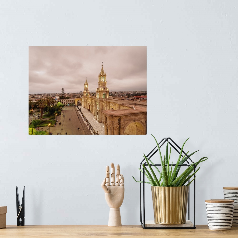 A bohemian room featuring Cathedral at twilight, Plaza de Armas, elevated view, Arequipa, Peru