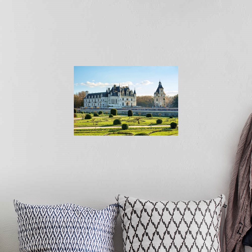 A bohemian room featuring Chateau de Chenonceau castle seen from the formal gardens, Chenonceaux, Indre-et-Loire, Centre, F...