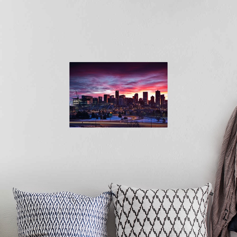 A bohemian room featuring USA, Colorado, Denver, city view from the west, dawn
