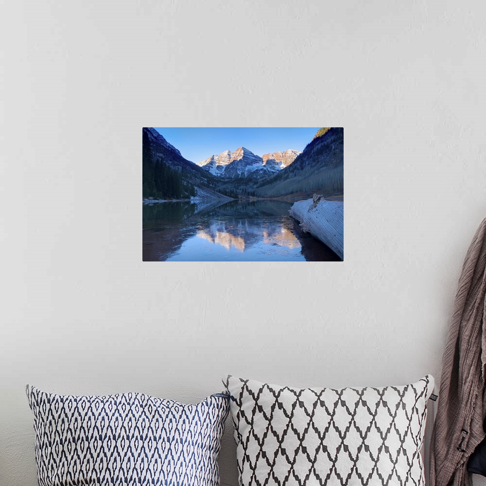 A bohemian room featuring USA, Colorado, Maroon Bells Mountain reflected in Maroon Lake