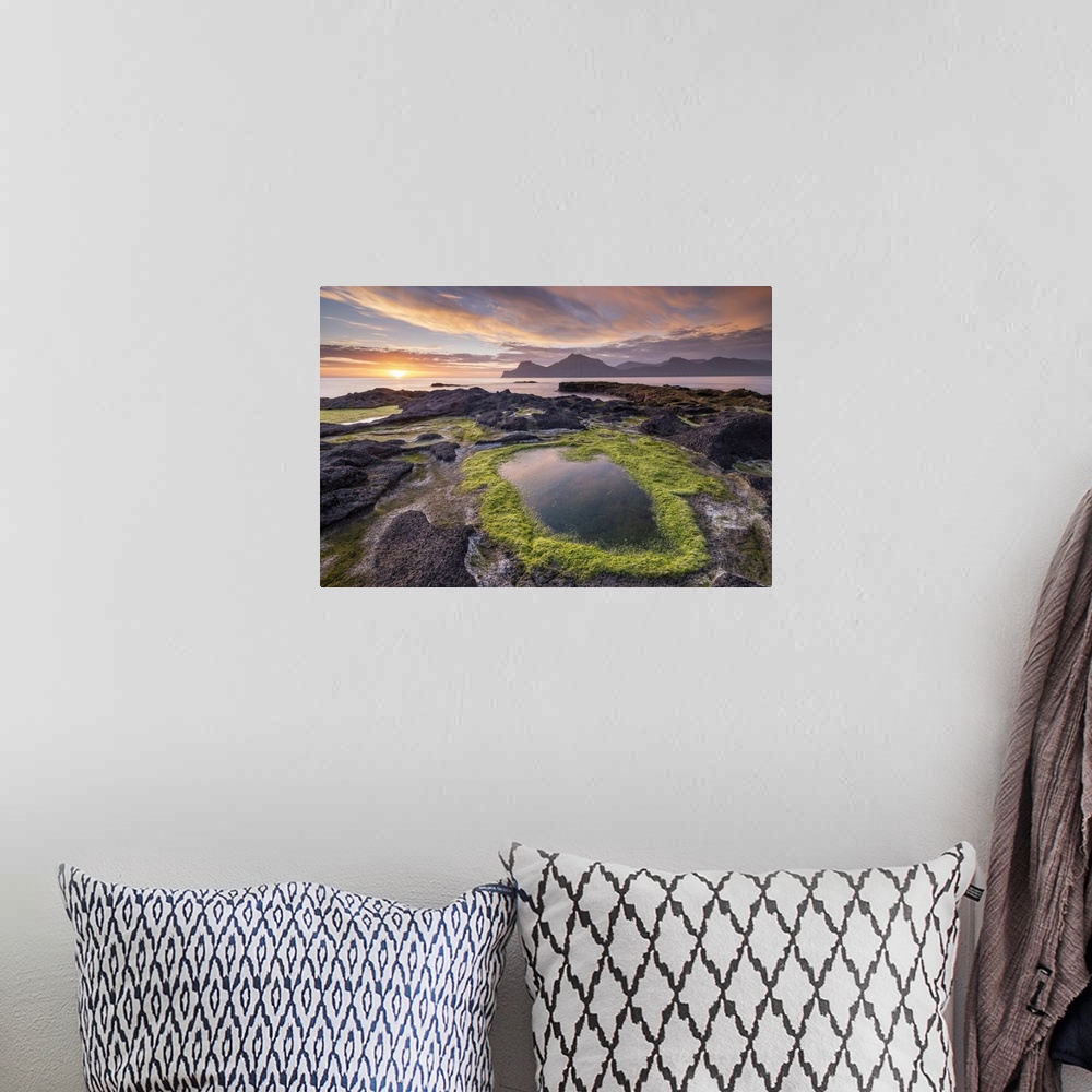 A bohemian room featuring Colourful summer sunrise from the rocky shores of Gjogv on the island of Eysturoy, Faroe Islands,...