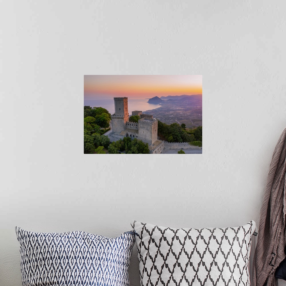 A bohemian room featuring Erice, Sicily. The Norman castle at sunrise, view towards Monte Cofano and Riserva dello Zingaro ...