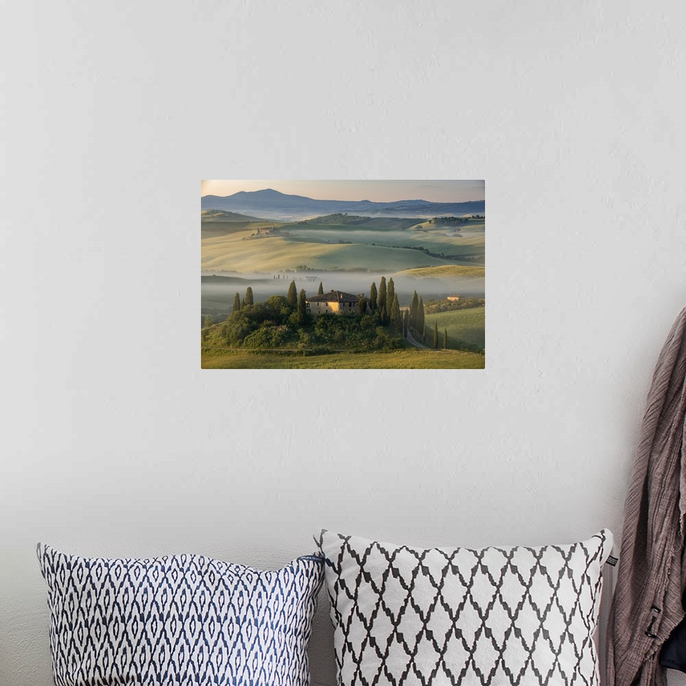 A bohemian room featuring Europe, Italy, Tuscany, Toscana,San Quirico d'Orcia, farm house in the morning