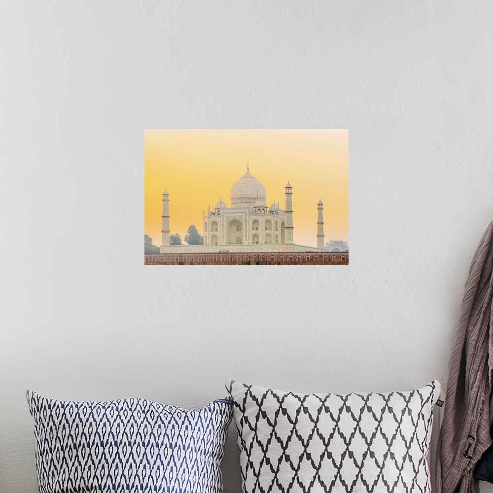 A bohemian room featuring India, Uttar Pradesh, Agra, Taj Mahal in golden dawn light