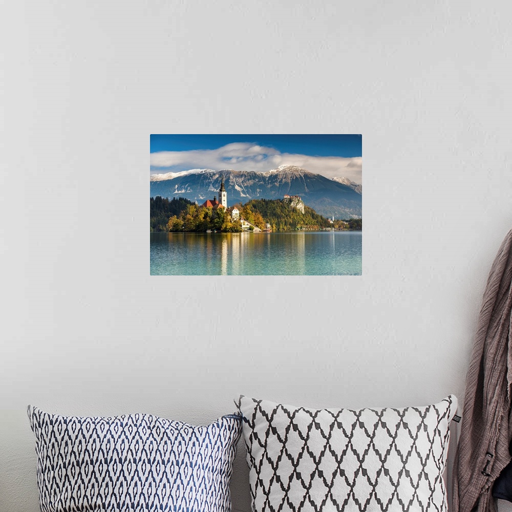 A bohemian room featuring Lake Bled With Assumption Of Mary's Pilgrimage Church, Slovenia, Europe
