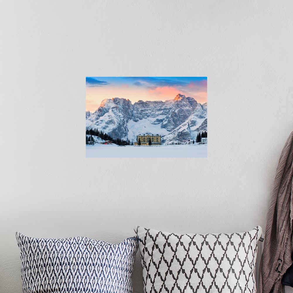 A bohemian room featuring Lake Misurina And Sorapiss Mountain In Winter Europe, Italy, Veneto, Belluno District, Cortina, M...