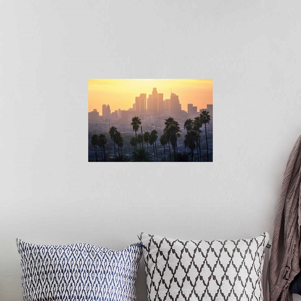 A bohemian room featuring Los Angeles Downtown and palm trees at sunset. This is a classic view of the city of angels, with...