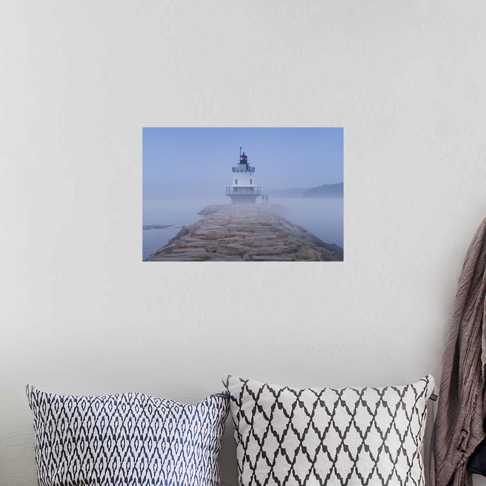 A bohemian room featuring USA, Maine, South Portland, Spring Point Ledge Lighthouse in fog.