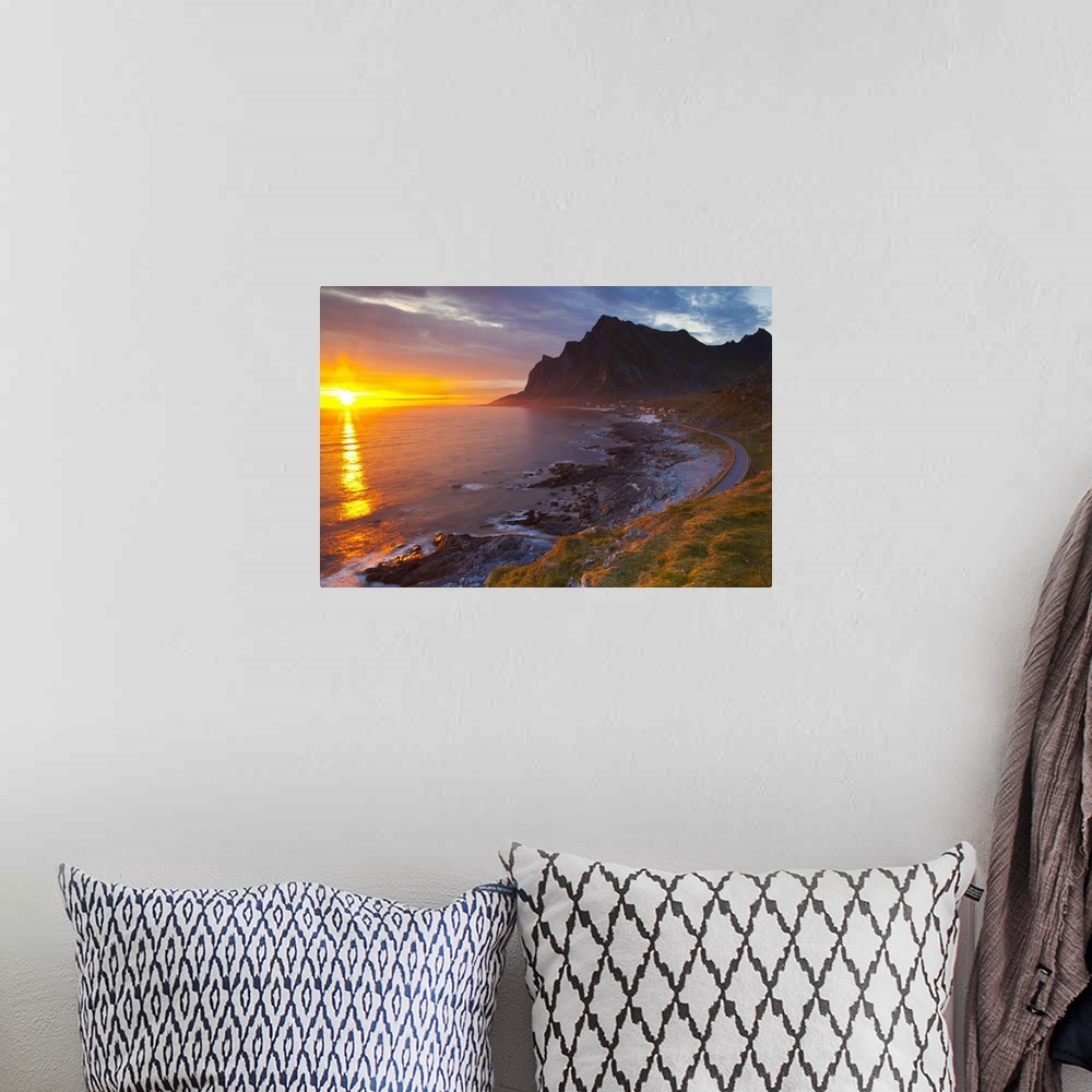 A bohemian room featuring Mightnight Sun over Dramatic Coastal landscape, Vikten, Flakstadsoya, Lofoten, Norway
