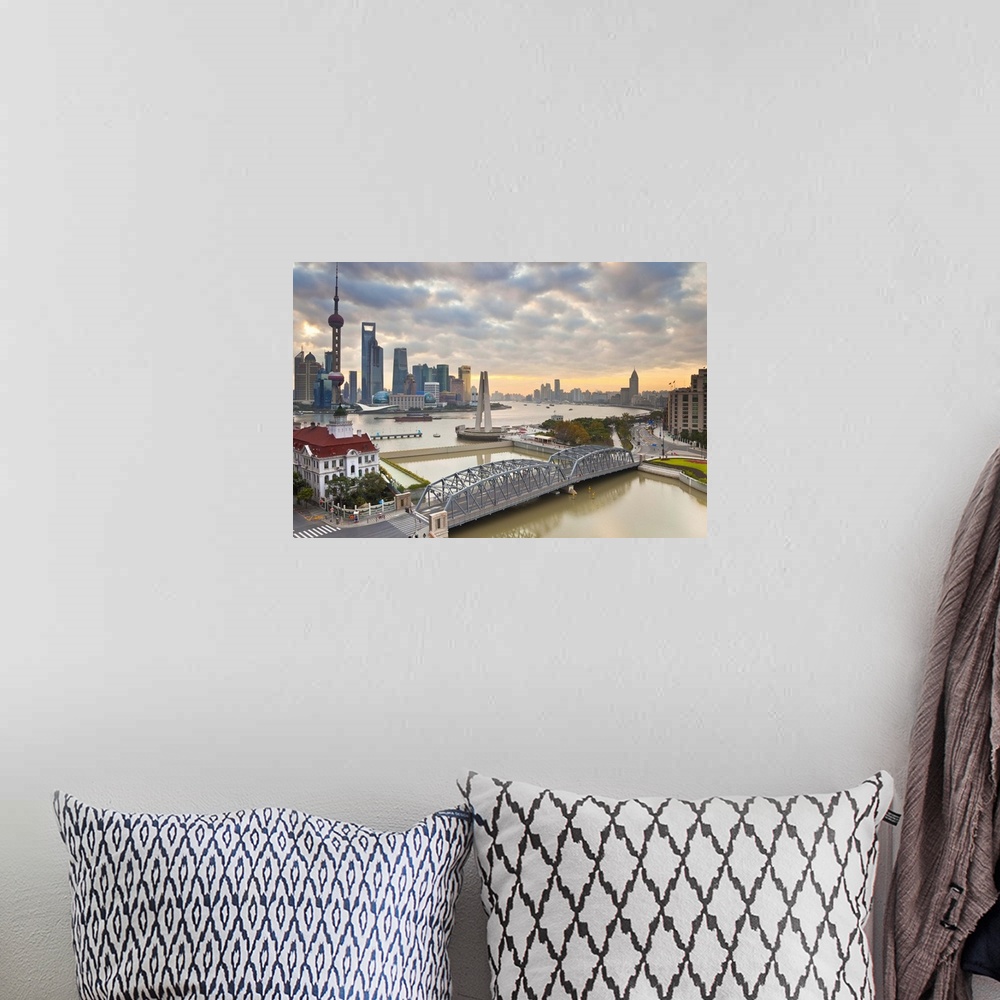 A bohemian room featuring New Pudong skyline, Waibaidu Bridge, Shanghai; China