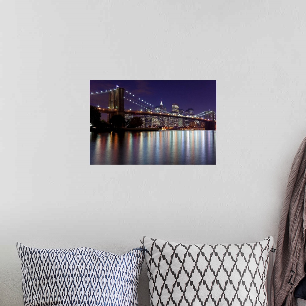 A bohemian room featuring USA, New York City, Manhattan,  Brooklyn Bridge and the Downtown Manhattan Financial District sky...