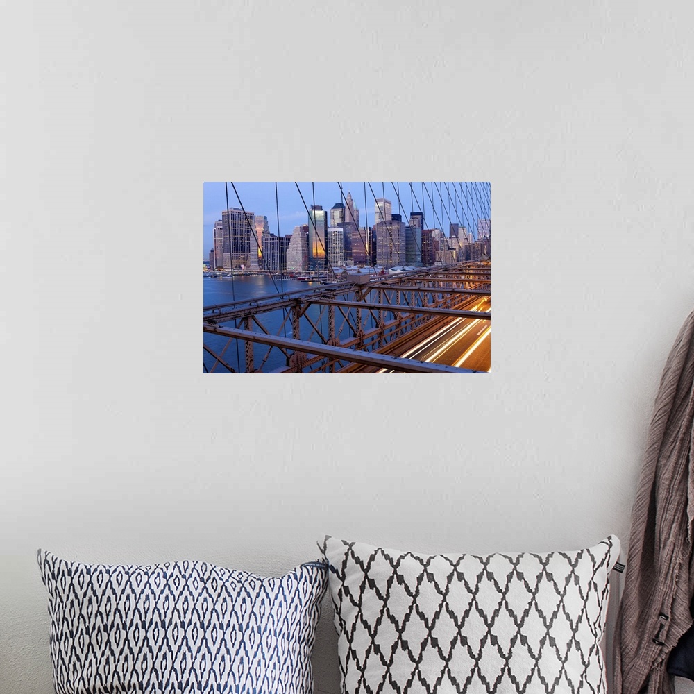 A bohemian room featuring USA, New York City, Manhattan,  Downtown Financial District City Skyline viewed from the Brooklyn...
