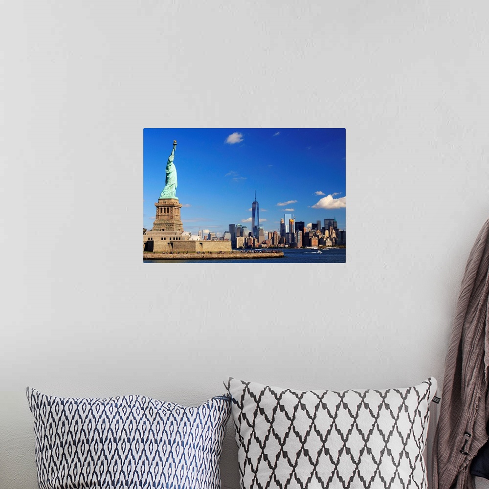 A bohemian room featuring USA, New York, New York City, Statue of Liberty and Lower Manhattan Skyline.