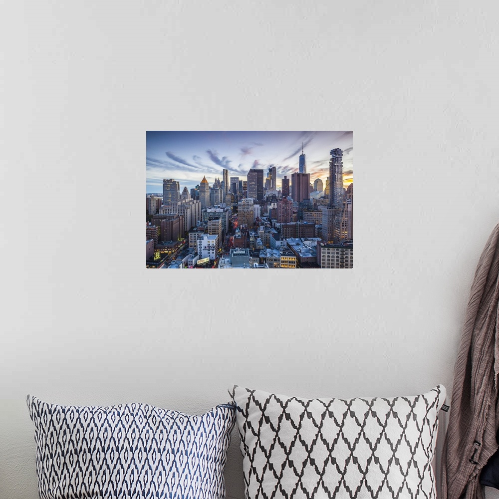 A bohemian room featuring USA, New York, New York City, Lower Manhattan, elevated view, dusk