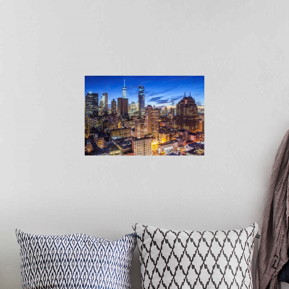A bohemian room featuring USA, New York, New York City, Lower Manhattan, elevated view of SoHo, dusk