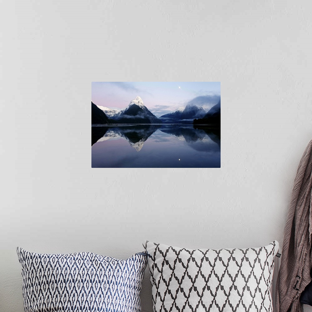 A bohemian room featuring New Zealand, Nuova Zelanda, Fiordland, Milford Sound and moon during a cold and misty sunrise.