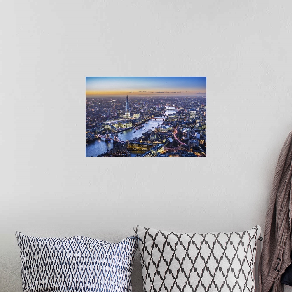 A bohemian room featuring Night aerial view of The Shard, River Thames, Tower Bridge and City of London, England