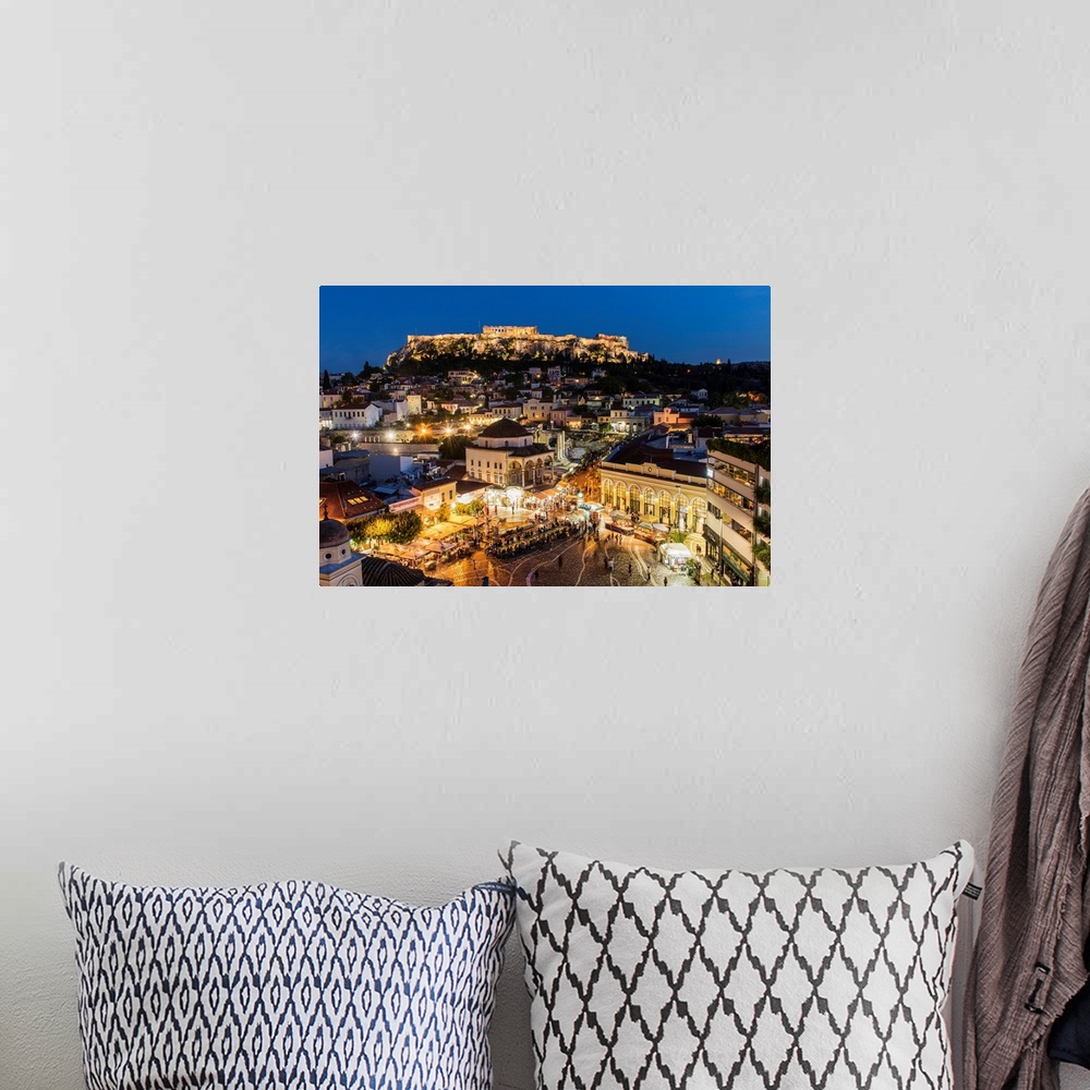 A bohemian room featuring Night city skyline with Monastiraki square and Acropolis in the background, Athens, Attica, Greece