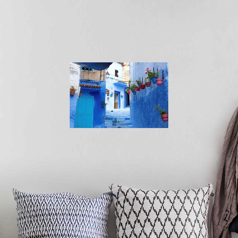 A bohemian room featuring North Africa, Morocco, Chefchaouen district. Details of the city.