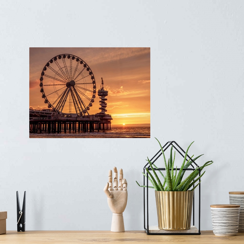 A bohemian room featuring Pier And Ferris Wheel In Scheveningen, Sunset, The Hague, South Holland, The Netherlands