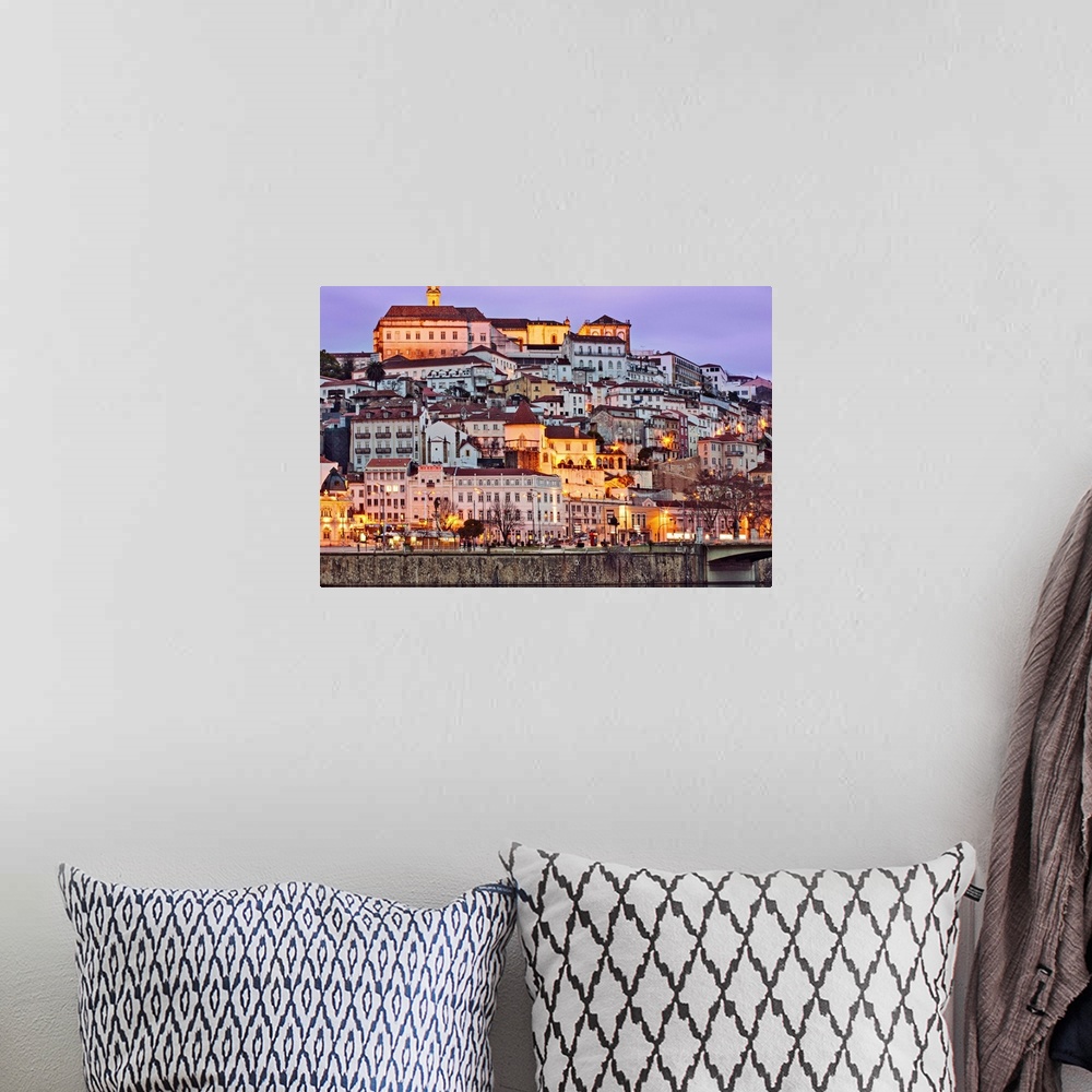 A bohemian room featuring Europe, Portugal, Centro, Baixo Mondego, Coimbra, twilight view of the medieval city centre, the ...