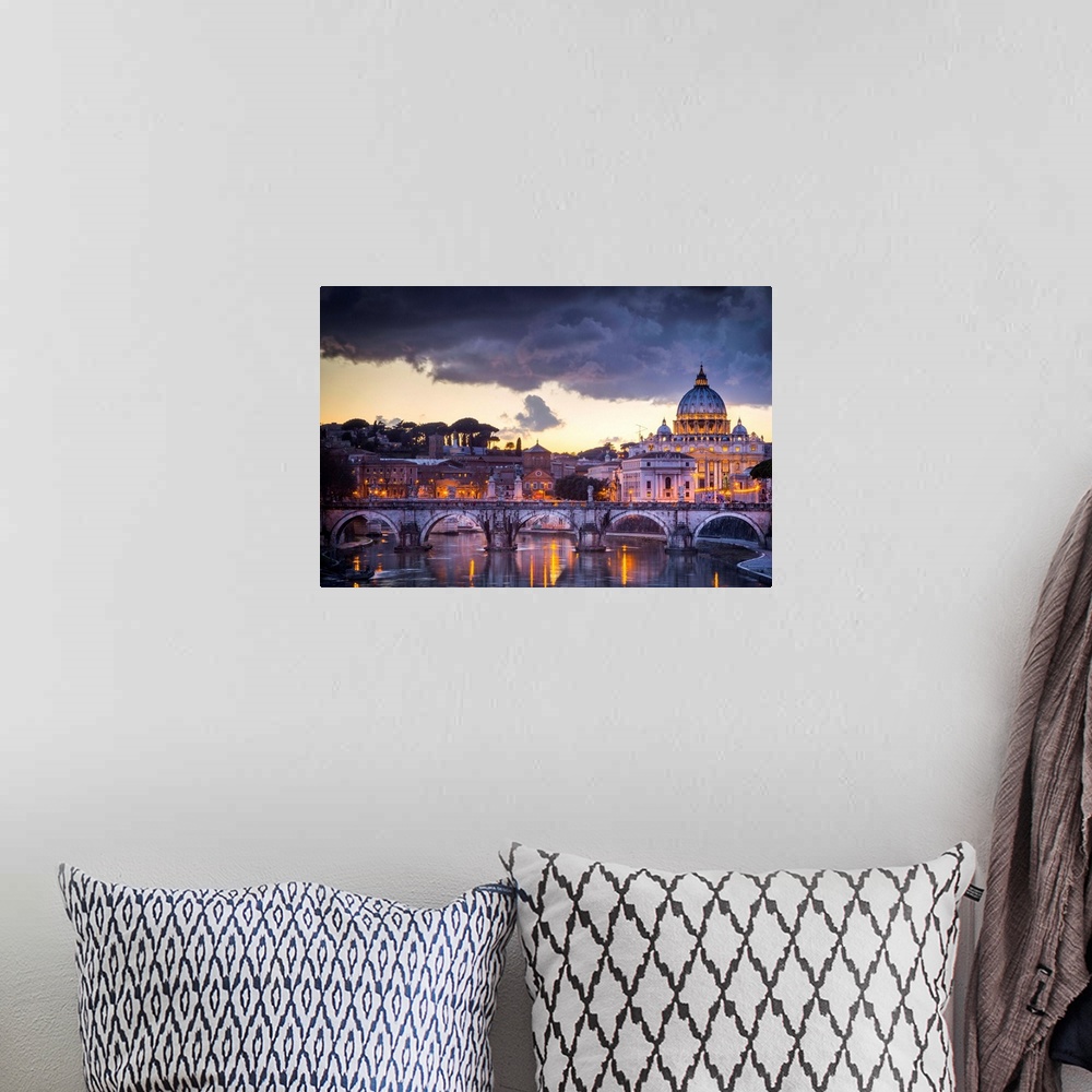 A bohemian room featuring Rome, Lazio, Italy. Sunset on Tevere River, with Saint Peter Cathedral on the background.