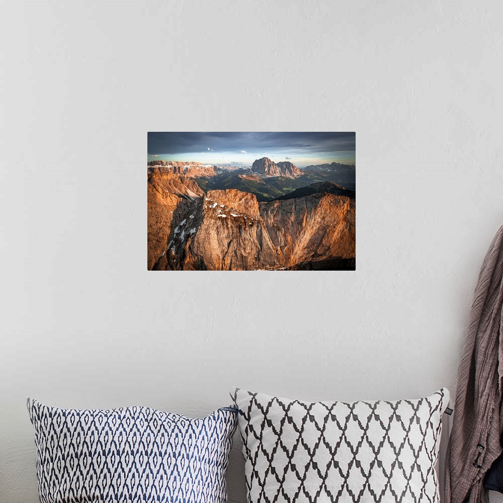 A bohemian room featuring Aerial view of Sassolungo group, Sassopiatto, Sella, Gardena Valley and Seceda at sunset, Dolomit...