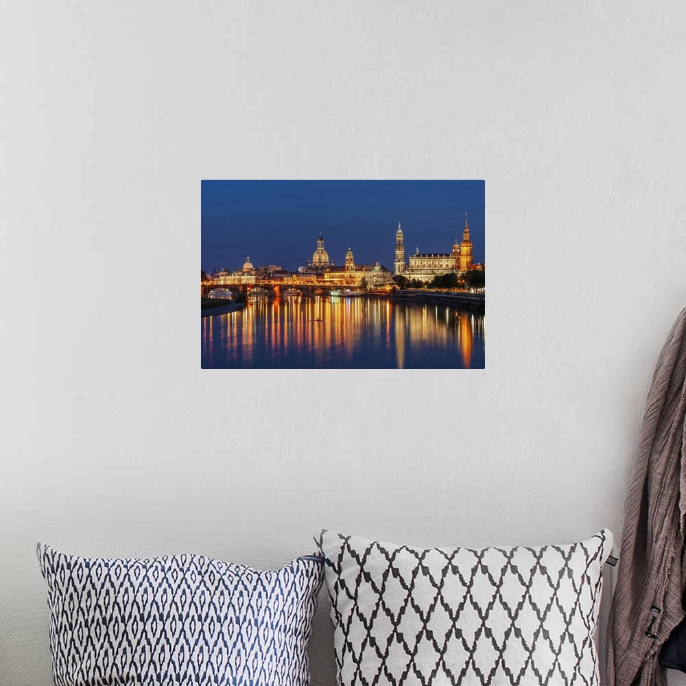 A bohemian room featuring Skyline of Dresden at dusk with Bruehl's Terrace ,Academy of Fine Arts, Church of Our Lady, Court...