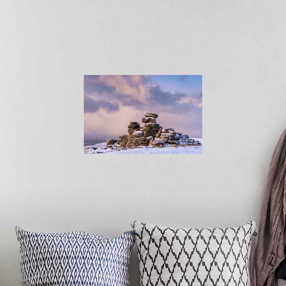 A bohemian room featuring Snow dusted Great Staple Tor in Dartmoor National Park, Devon, England. Winter