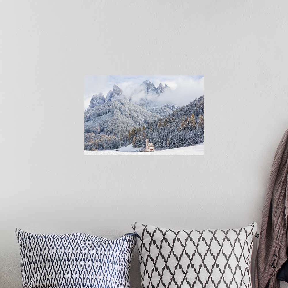 A bohemian room featuring Snow, winter, St Johann Church, Val di Funes, Dolomites, Italy