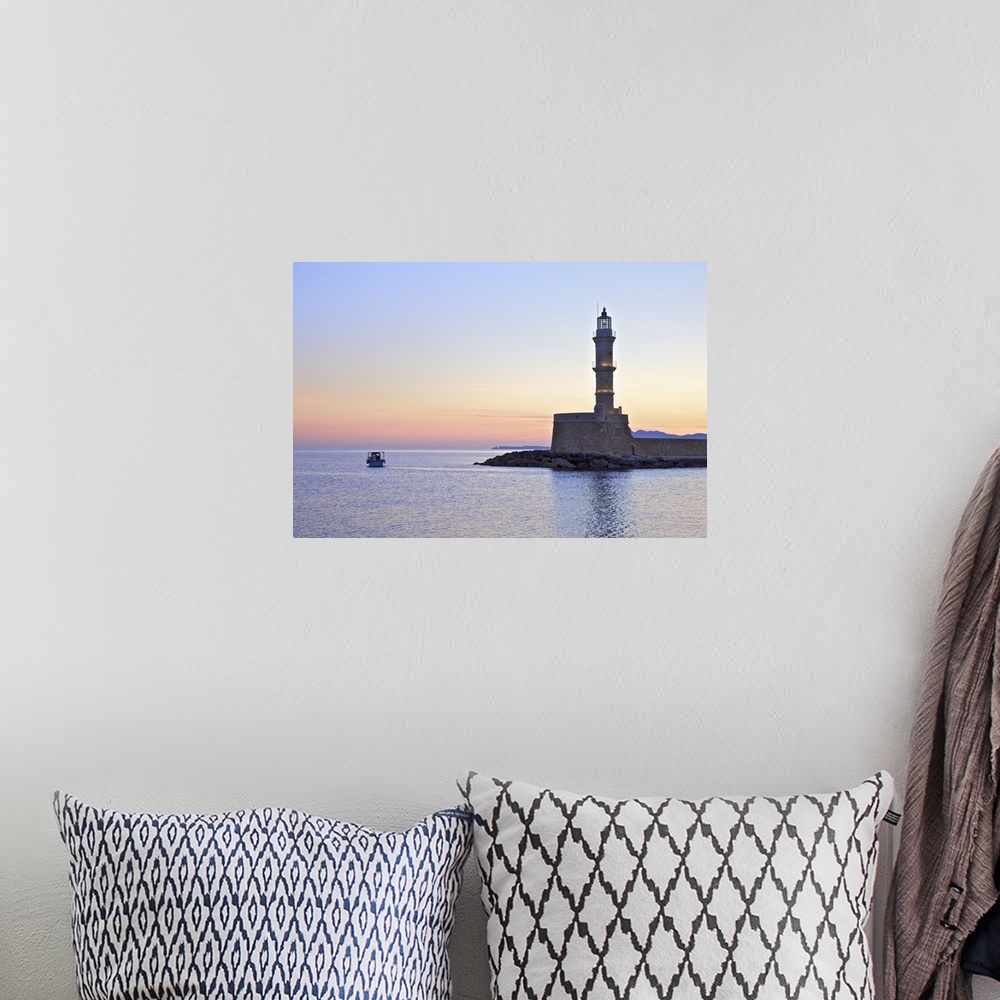 A bohemian room featuring The Lighthouse and Fishing Boat in The Venetian Harbour at Sunrise, Chania, Crete, Greek Islands,...