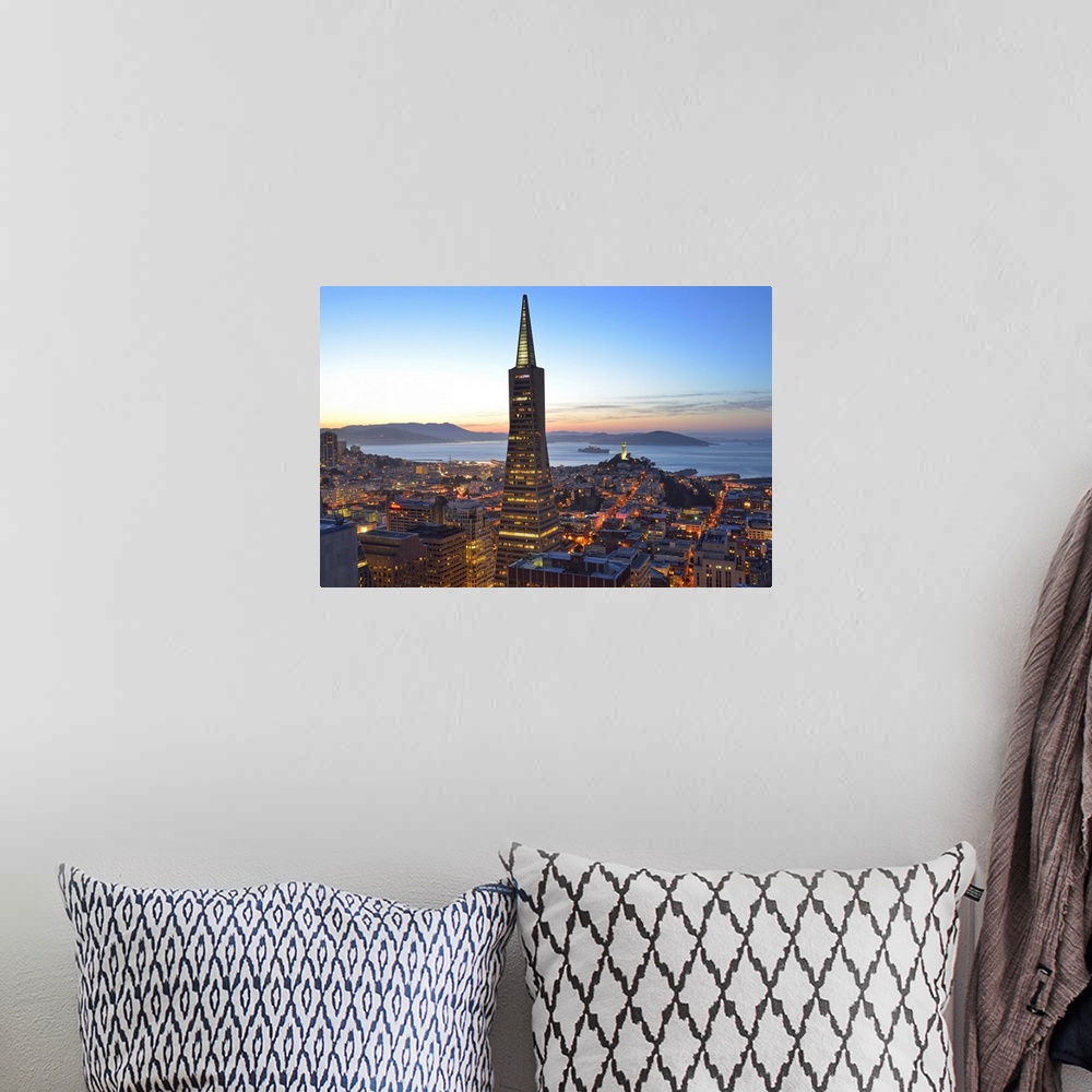 A bohemian room featuring View from hotel Mandarin Oriental towards Transamerica Puramid and Coit Tower, San Francisco, Cal...