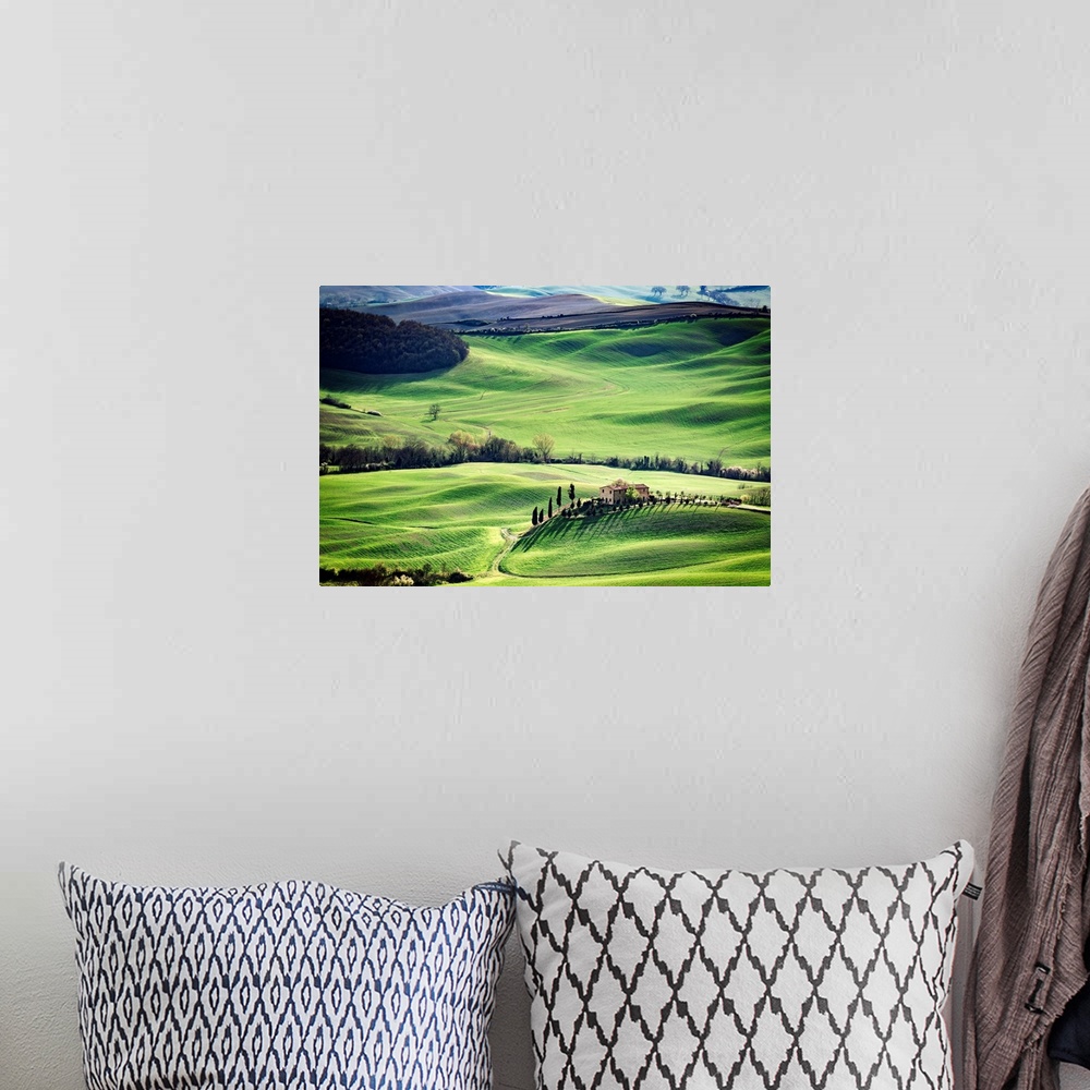 A bohemian room featuring Tuscany, spring landscape, rolling hills at sunset, Val d'Orcia, Italy