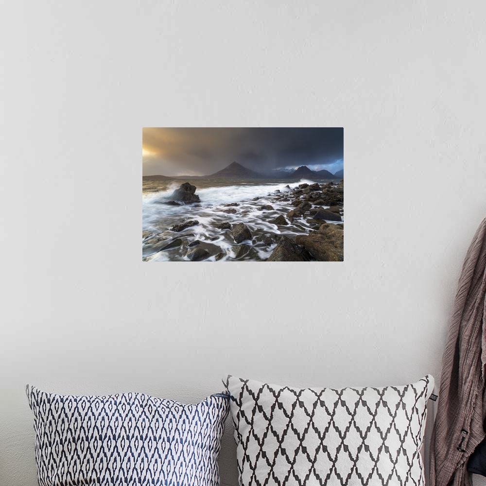 A bohemian room featuring United Kingdom, UK, Scotland, Inner Hebrides, Elgol Beach in all its Drama. An incoming storm bri...